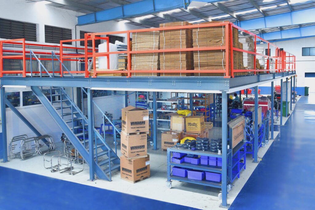 Bright pick and pack area with bin shelving and mezzanine